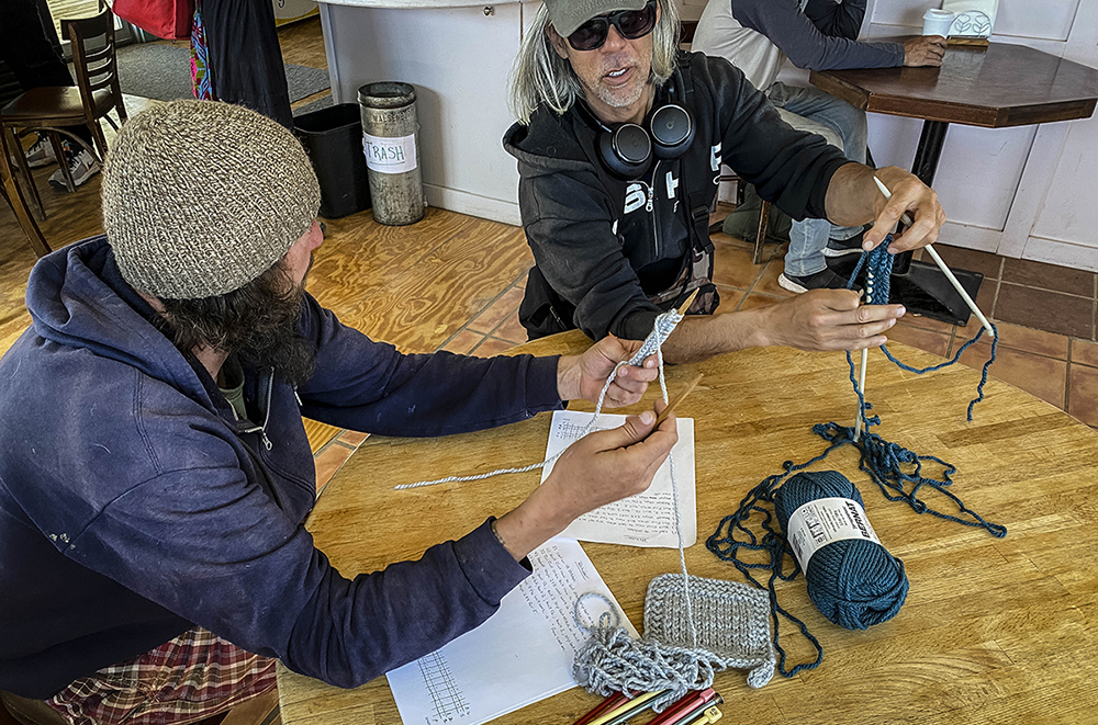f6 two vets knitting, from session exploring fiber, photo by Jim O'Donnell